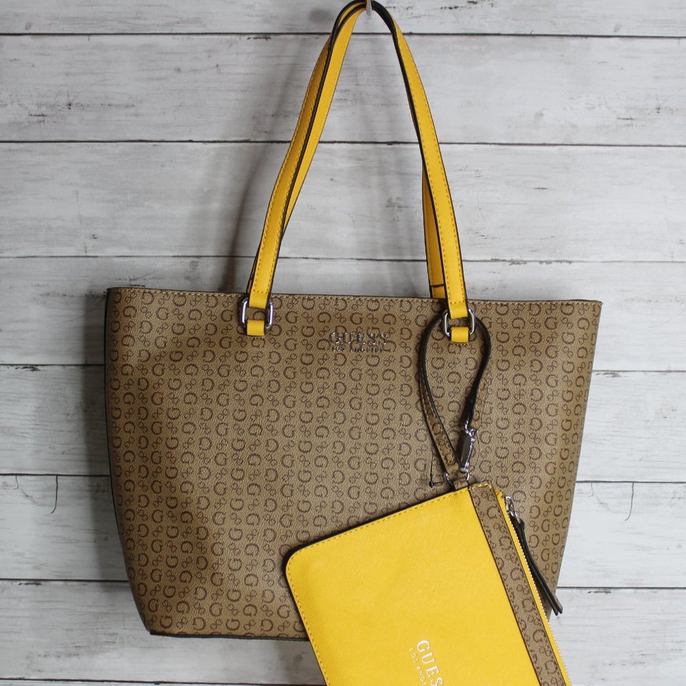 Guess Women's Signature Tote Shoulder Bag Pouch Set Brown Golden Yellow